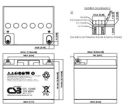 GP12400, CSB Energy Batterie rechargeable, Plomb-Acide, 12V, 40Ah, Borne à  vis, M5