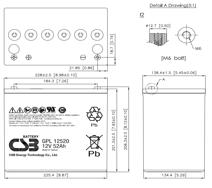 Artikelbild 3 des Artikels “CSB Battery GPL12520 12V 52AH Blei-Akku (AGM), Longlife “